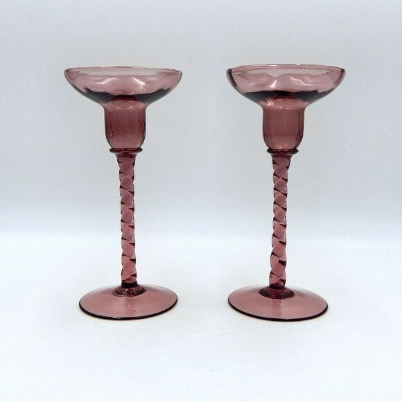 Italian Glass Taper Candle Holders Twisted Stem Amethyst Purple 7 1/4 Inch Pair - Picture 1 of 8